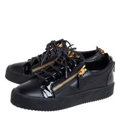 Pre Owned Giuseppe Zanotti Black Leather And Patent Leather Double Zipper Low Top Sneakers Size 36