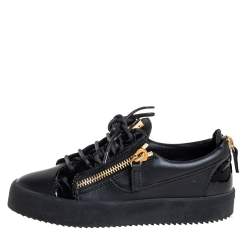 Pre Owned Giuseppe Zanotti Black Leather And Patent Leather Double Zipper Low Top Sneakers Size 36