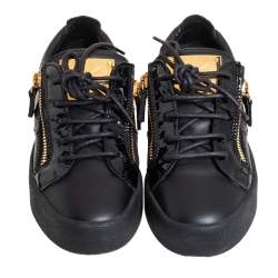 Pre Owned Giuseppe Zanotti Black Leather And Patent Leather Double Zipper Low Top Sneakers Size 36