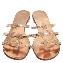 مملوكة مسبقًا Giuseppe Zanotti Metallic Bronze Leather Star Slide Sandals Size 40