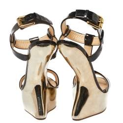 Pre Owned Giuseppe Zanotti Black Patent Leather T Strap Platform Heel Less Wedge Sandals Size 39