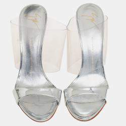 Pre Owned Giuseppe Zanotti Silver Leather And PVC Andrea Mules Size 39