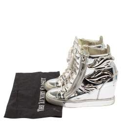 Pre Owned Giuseppe Zanotti Metallic Silver Leather Double Zip Wedge Sneakers Size 35