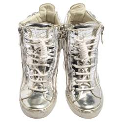 Pre Owned Giuseppe Zanotti Metallic Silver Leather Double Zip Wedge Sneakers Size 35