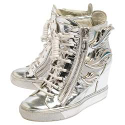 Pre Owned Giuseppe Zanotti Metallic Silver Leather Double Zip Wedge Sneakers Size 35
