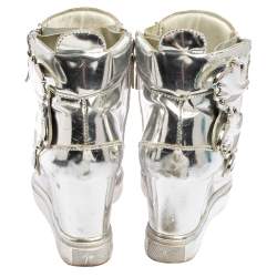 Pre Owned Giuseppe Zanotti Metallic Silver Leather Double Zip Wedge Sneakers Size 35