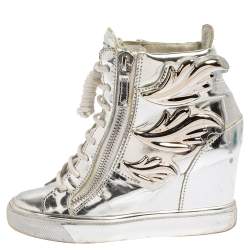 Pre Owned Giuseppe Zanotti Metallic Silver Leather Double Zip Wedge Sneakers Size 35