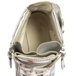 Pre Owned Giuseppe Zanotti Metallic Silver Leather Double Zip Wedge Sneakers Size 35