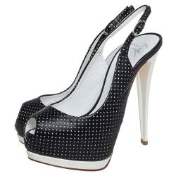 مملوكة مسبقًا صندل جوسيبي زانوتي مقدمة مفتوحة فتحة كعب جلد أبيض و أسود مقاس 36 