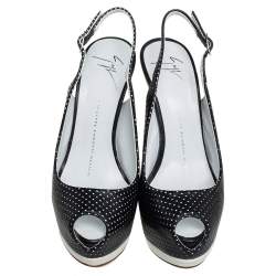 مملوكة مسبقًا صندل جوسيبي زانوتي مقدمة مفتوحة فتحة كعب جلد أبيض و أسود مقاس 36 