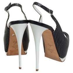 مملوكة مسبقًا صندل جوسيبي زانوتي مقدمة مفتوحة فتحة كعب جلد أبيض و أسود مقاس 36 