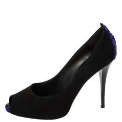 Giuseppe Zanotti Black Suede Embellished Peep Toe Pumps Size 37.5