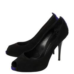 Giuseppe Zanotti Black Suede Embellished Peep Toe Pumps Size 37.5