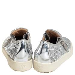 Pre Owned Giuseppe Zanotti Grey/Silver Crystal Embellished Suede And Leather May London Slip On Sneakers Size 38