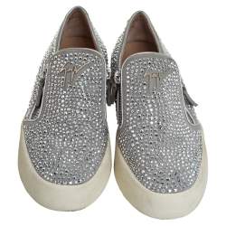 Pre Owned Giuseppe Zanotti Grey/Silver Crystal Embellished Suede And Leather May London Slip On Sneakers Size 38