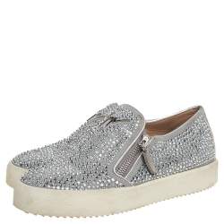 Pre Owned Giuseppe Zanotti Grey/Silver Crystal Embellished Suede And Leather May London Slip On Sneakers Size 38