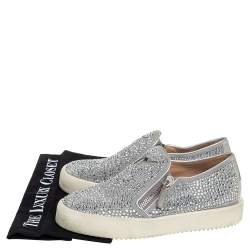 Pre Owned Giuseppe Zanotti Grey/Silver Crystal Embellished Suede And Leather May London Slip On Sneakers Size 38