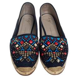 Pre Owned Giuseppe Zanotti Navy Blue Suede Embellished Flat Espadrilles Size 39 
