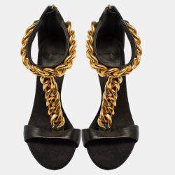 Giuseppe Zanotti Black Leather Chain Detail T Strap Sandals Size 38.5