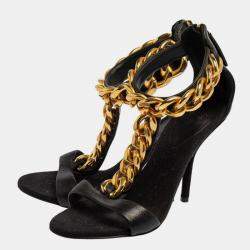 Giuseppe Zanotti Black Leather Chain Detail T Strap Sandals Size 38.5
