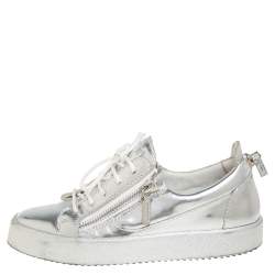 Giuseppe Zanotti Silver Leather Lace up Sneakers Size 40