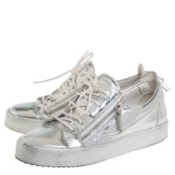 Giuseppe Zanotti Silver Leather Lace up Sneakers Size 40