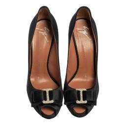 Giuseppe Zanotti Black Satin Bow Embellished Peep Toe Pumps Size 38.5