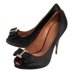 Giuseppe Zanotti Black Satin Bow Embellished Peep Toe Pumps Size 38.5