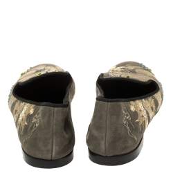 Pre Owned Giuseppe Zanotti Grey Suede Embroidered and Crystal Embellished Slip On Loafers Size 41