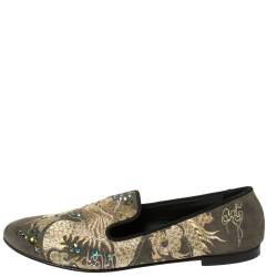 Pre Owned Giuseppe Zanotti Grey Suede Embroidered and Crystal Embellished Slip On Loafers Size 41