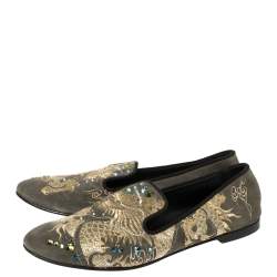 Pre Owned Giuseppe Zanotti Grey Suede Embroidered and Crystal Embellished Slip On Loafers Size 41