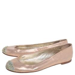 Pre Owned Giuseppe Zanotti Metallic Beige Leather Crystal Embellished Cap Toe Ballet Flats Size 38