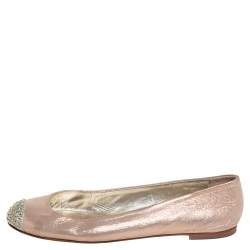 Pre Owned Giuseppe Zanotti Metallic Beige Leather Crystal Embellished Cap Toe Ballet Flats Size 38
