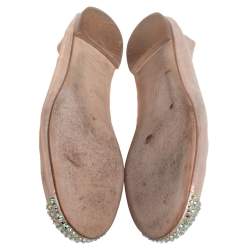 Pre Owned Giuseppe Zanotti Metallic Beige Leather Crystal Embellished Cap Toe Ballet Flats Size 38