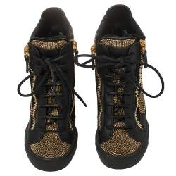 Pre Owned Giuseppe Zanotti Black Leather Studded High Top Wedge Sneakers 36.5