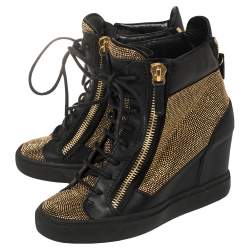 Pre Owned Giuseppe Zanotti Black Leather Studded High Top Wedge Sneakers 36.5