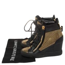 Pre Owned Giuseppe Zanotti Black Leather Studded High Top Wedge Sneakers 36.5