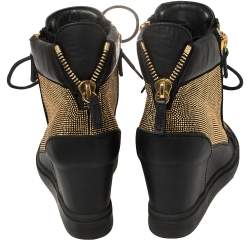 Pre Owned Giuseppe Zanotti Black Leather Studded High Top Wedge Sneakers 36.5