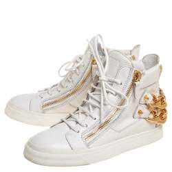 Pre Owned Giuseppe Zanotti White Leather High Top Chain Embellished Sneakers Size 37