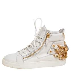 Pre Owned Giuseppe Zanotti White Leather High Top Chain Embellished Sneakers Size 37