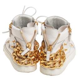 Pre Owned Giuseppe Zanotti White Leather High Top Chain Embellished Sneakers Size 37