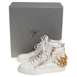 Pre Owned Giuseppe Zanotti White Leather High Top Chain Embellished Sneakers Size 37