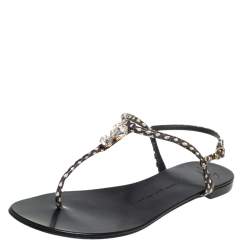 Giuseppe Zanotti Beige/Brown Python Embossed Leather  T Strip Sandals Size 38.5