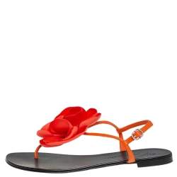 Pre Owned Giuseppe Zanotti Orange Leather And Fabric Flower Embellished Flat Thong Sandals Size 40