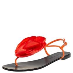 Pre Owned Giuseppe Zanotti Orange Leather And Fabric Flower Embellished Flat Thong Sandals Size 40