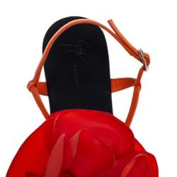Pre Owned Giuseppe Zanotti Orange Leather And Fabric Flower Embellished Flat Thong Sandals Size 40