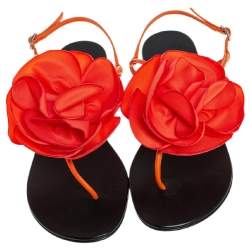 Pre Owned Giuseppe Zanotti Orange Leather And Fabric Flower Embellished Flat Thong Sandals Size 40