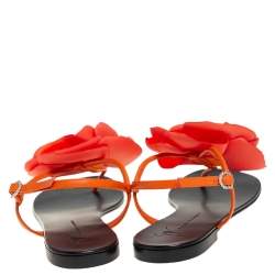 Pre Owned Giuseppe Zanotti Orange Leather And Fabric Flower Embellished Flat Thong Sandals Size 40