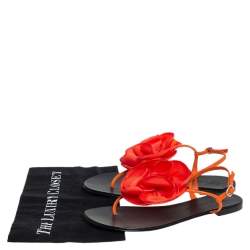 Pre Owned Giuseppe Zanotti Orange Leather And Fabric Flower Embellished Flat Thong Sandals Size 40