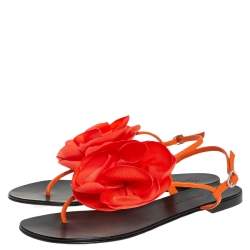 Pre Owned Giuseppe Zanotti Orange Leather And Fabric Flower Embellished Flat Thong Sandals Size 40
